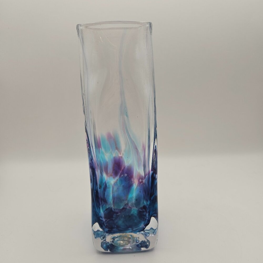 Handblown Art Glass Vase – Blue & Purple Swirl – 9" Tall
